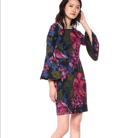 Trina Turk Womens Dress Size 4 Miley Bell Sleeve Floral Print Square Neck - Picture 1 of 8